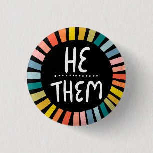 HE / THEM Pronouns Rainbow Handlettered Pride 3 Cm Round Badge