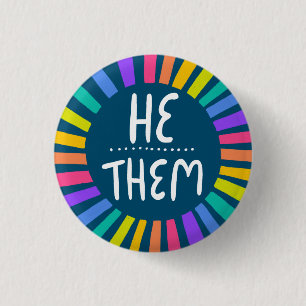HE / THEM Pronouns Rainbow Handlettered Pride 3 Cm Round Badge