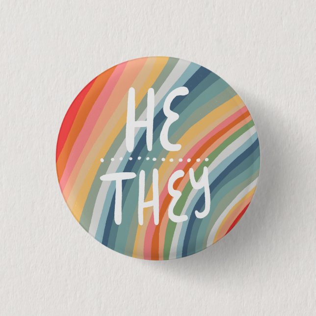 HE/THEY Pronouns Colourful Handlettered Rainbow  3 Cm Round Badge (Front)