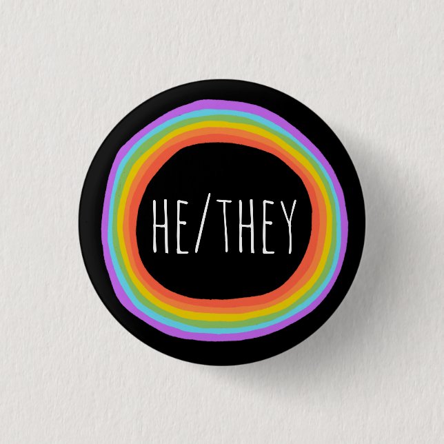 HE/THEY Pronouns Colourful Rainbow Circle Black  3 Cm Round Badge (Front)