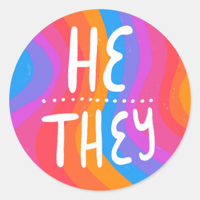 HE/THEY Pronouns Rainbow Handlettering Sheet of Classic Round Sticker (Front)