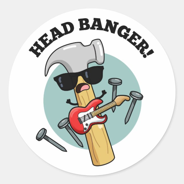 Head Banger Funny Music Puns  Classic Round Sticker (Front)