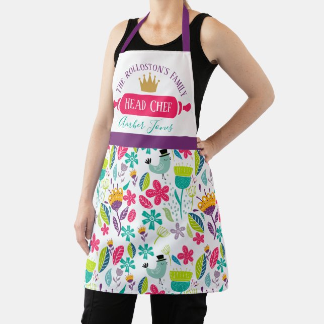 head chef folk scandi floral birds bright colour apron (Insitu)