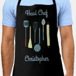 Head Chef Personalised Apron<br><div class="desc">Fun Head Chef design with kitchen implements for your favourite chef,  cook or grill expert.  Change the name to personalise.</div>