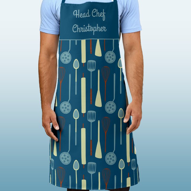 Head Chef Personalised Apron (Head Chef personalized name retro kitchen utensils apron)