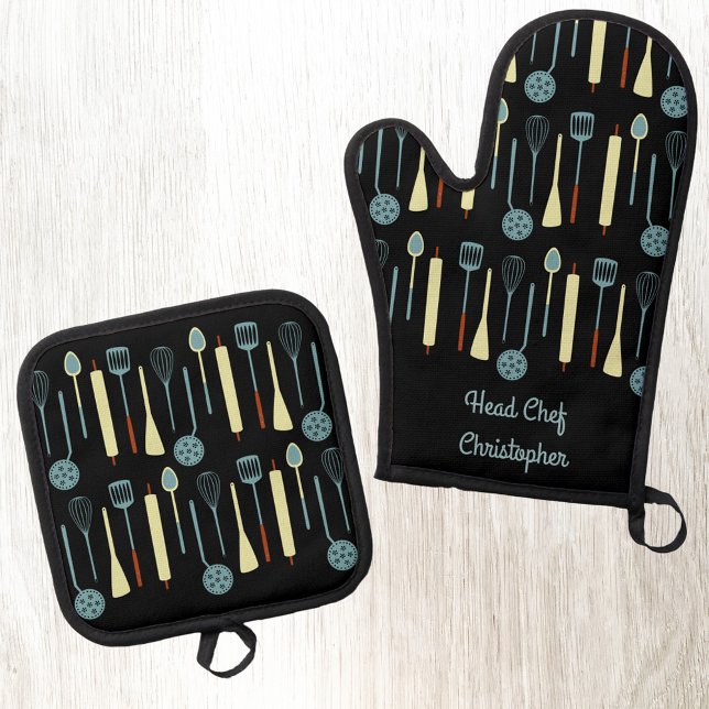 Head Chef Personalised Oven Mitt & Pot Holder Set (Fun personalized Head Chef oven glove mitt and pot holder)