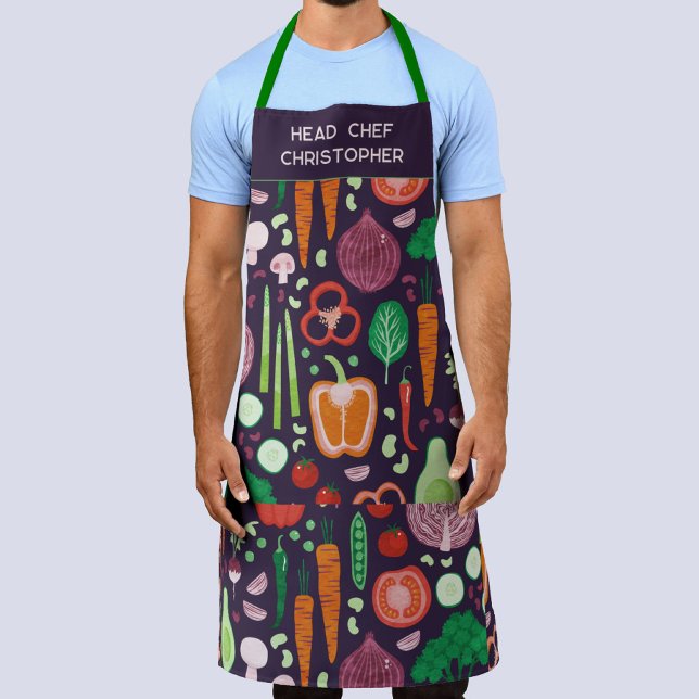 Head Chef Personalized Modern Vegetable Pattern Apron (Personalized head chef custom name vegetable pattern apron for a cook or grill master dad)