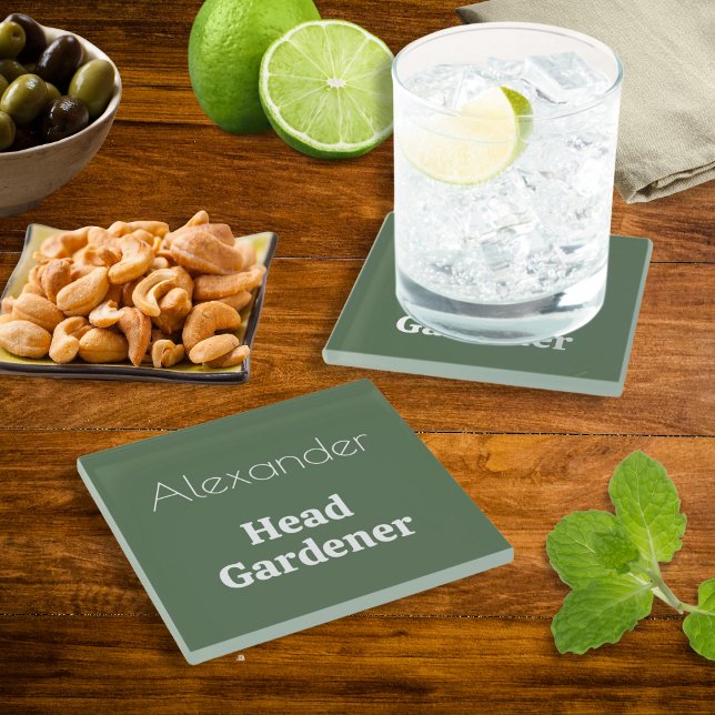 Head Gardener Green Gardening Themed Personalised Glass Coaster (A glass coaster with Head Gardener words, for garden lovers. Personalize with the recipient's name.)