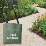 Head Gardener Green Gardening Themed Personalised Tote Bag<br><div class="desc">A stylish,  dark green bag with Head Gardener caption,  to personalise with a name. The novelty bag for garden lovers displays the words 'Head Gardener' and a name of your choice,  in stylish modern lettering. A practical and attractive gift for gardening fans.</div>