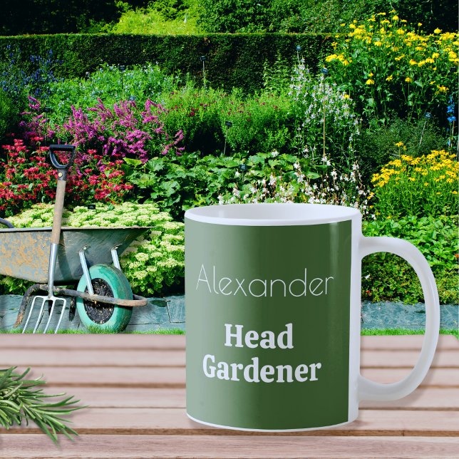 Head Gardener Personalised Funny Custom Gardening Coffee Mug (A green and white mug with Head Gardener caption. The novelty mug can be personalized with a name.)