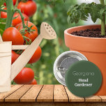Head Gardener Personalised Name Funny Gardening 3 Cm Round Badge<br><div class="desc">A badge for garden lovers,  with caption Head Gardener in stylish modern lettering. The green and white button badge can be personalised with a name,  making it an ideal gift for the keen gardener.</div>
