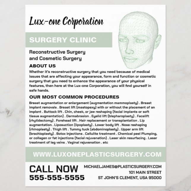 Head Model, Plastic Surgeon, Plastic Surgery Flyer (Front)