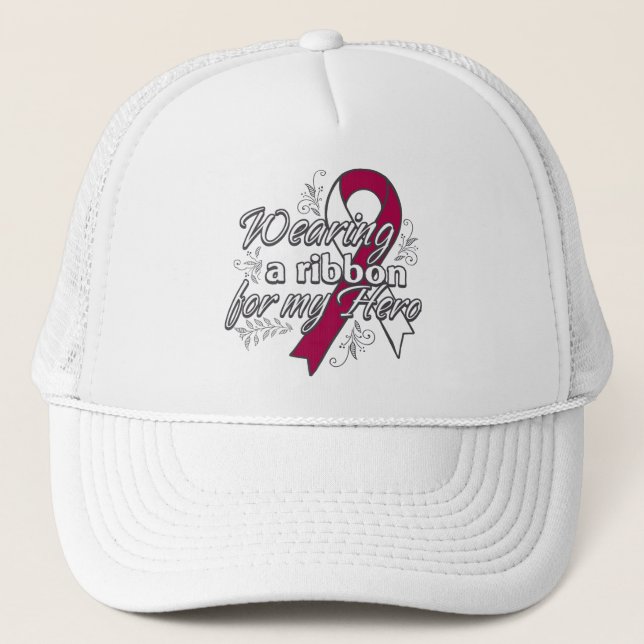 Head Neck Cancer Wearing a Ribbon for My Hero Trucker Hat (Front)