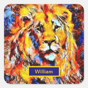 Head of a Lion Vintage Art with Name Square Sticker