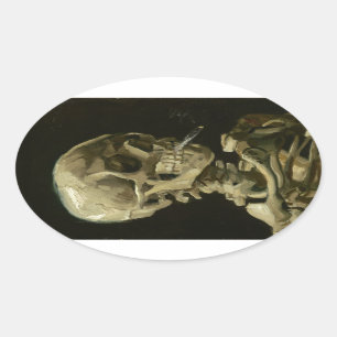 Head of a skeleton with a burning cigarette oval sticker