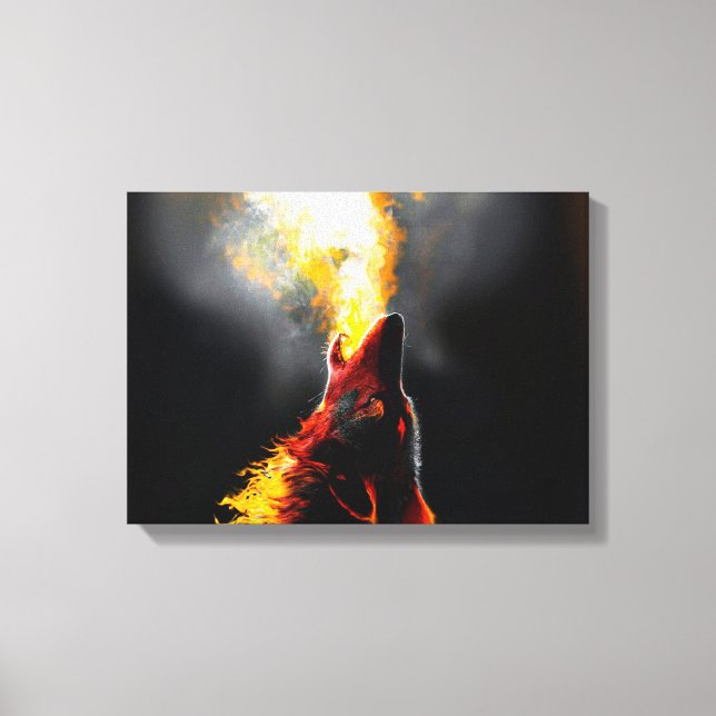 Head of Aggressive Fire Wolf Canvas Print (Front)