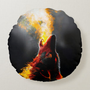 Head of Aggressive Fire Wolf Round Cushion