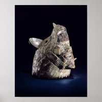 Head of an animal with human head in open jaws