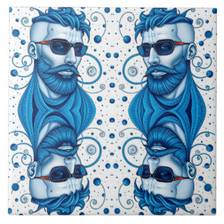 Head Of Bearded Blue Alien With Glasses Sci-Fi Art Tile