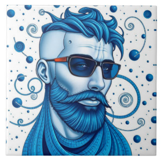 Head Of Bearded Blue Alien With Glasses Sci-Fi Art Tile