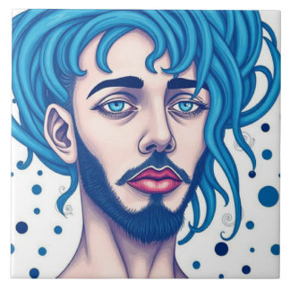 Head Of Bearded Blue Haired Alien Sci-Fi Art Tile
