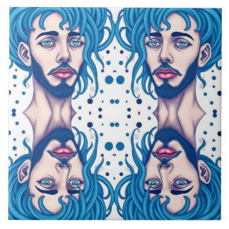 Head Of Bearded Blue Haired Alien Sci-Fi Art Tile