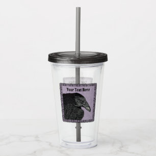 Head of Black Crow on Purple Ornate black Border Acrylic Tumbler