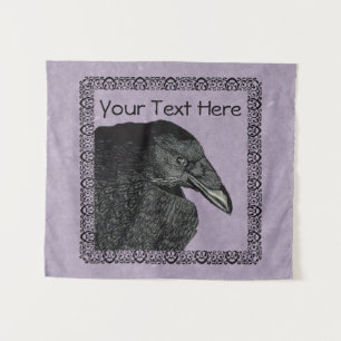 Head of Black Crow Ornate Border Border on Purple Tapestry