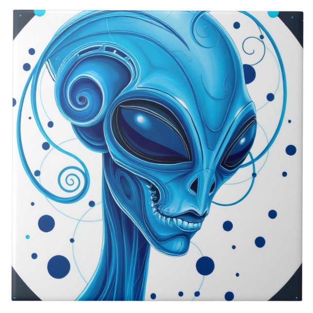 Head Of Blue Alien Closeup Sci-Fi Art Tile (Front)
