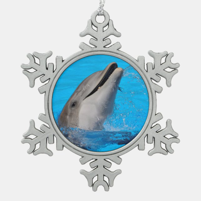 Head of bottlenose dolphin snowflake pewter christmas ornament (Front)