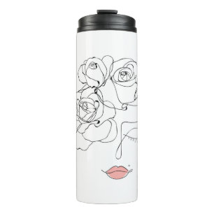 Head Of Flowers Art, Line Art Woman With Flowers, Thermal Tumbler