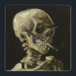 Head of Skeleton with Cigarette by Van Gogh Square Wall Clock<br><div class="desc">Head of a Skeleton with Burning Cigarette by Vincent Van Gogh, oil on canvas 1886, is a painted oil study of a human skull and upper skeleton, in the mouth of which the artist inserted a burning cigarette, producing an effect that is both macabre and humourous. Probably painted while Van...</div>