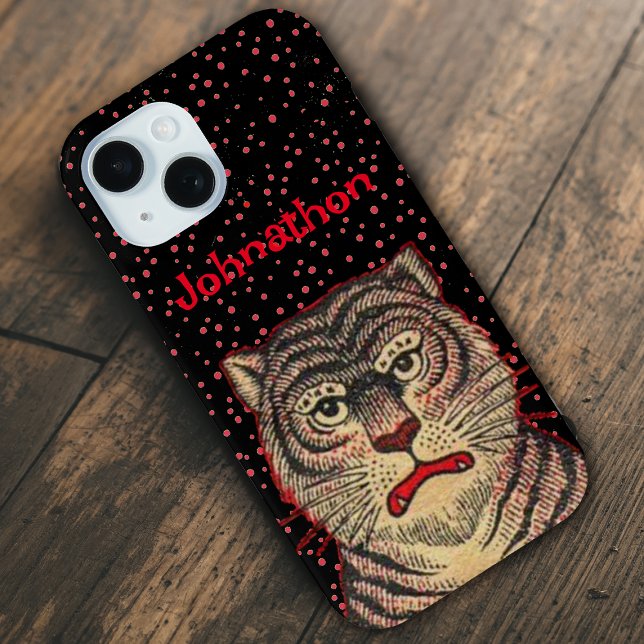 Head of Tiger Ferocious Face Black Red Dots Case-Mate iPhone Case (Head of black striped Asian tiger ferocious face on personalized phone case with red dots.)