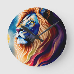 Head White Lion Colorful Art Round Clock