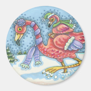 HEADING SOUTH, PINK FLAMINGOS WINTER MAGNET Round