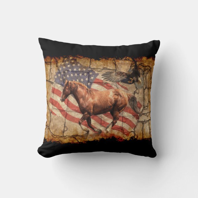 "Heading West" Horse, Eagle and US Flag Cushion (Front)