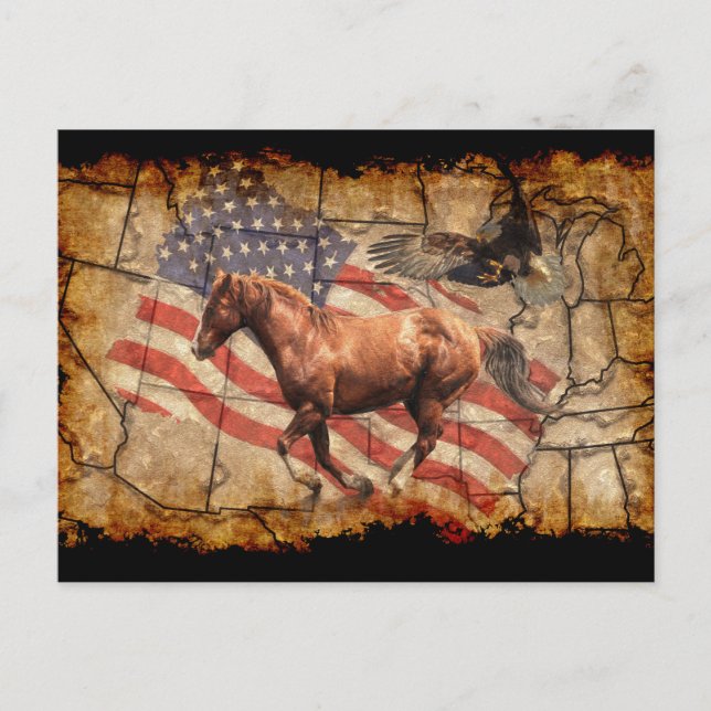 "Heading West" Horse, Eagle and US Flag Postcard (Front)