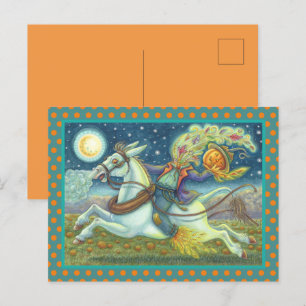 HEADLESS HORSEMAN SCARECROW ON WHITE MULE HOLIDAY POSTCARD