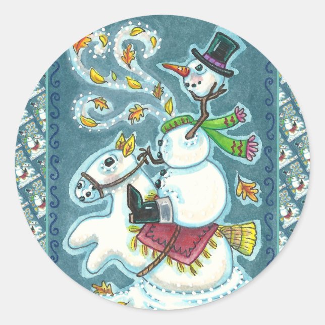 HEADLESS HORSEMAN SNOWMAN, XMAS HALLOWEEN HUMOR, CLASSIC ROUND STICKER (Front)