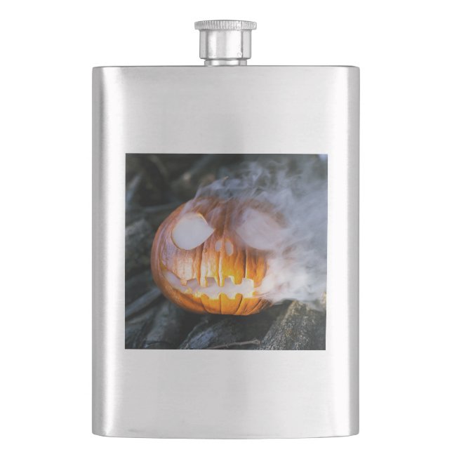Headless Horseman's Jack-o-Lantern Head a Flame Hip Flask (Front)