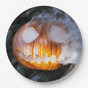 Headless Horseman's Jack-o-Lantern Head a Flame Paper Plate