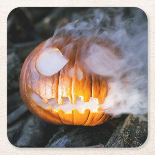 Headless Horseman's Jack-o-Lantern Head a Flame Square Paper Coaster