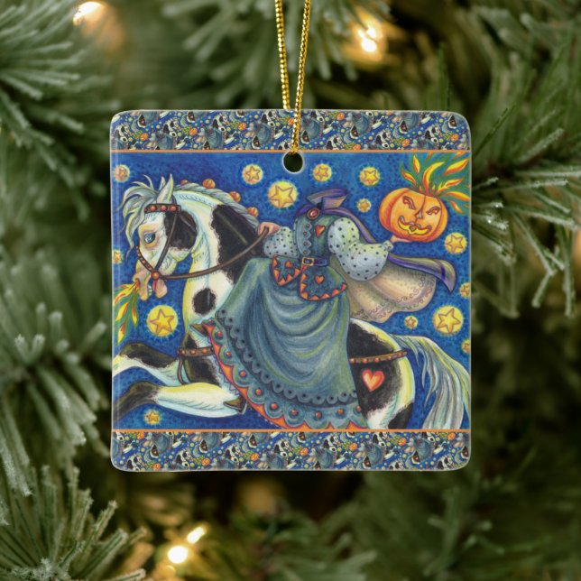 HEADLESS HORSEWOMAN, SIDESADDLE ON HALLOWEEN PINTO CERAMIC ORNAMENT (Tree)