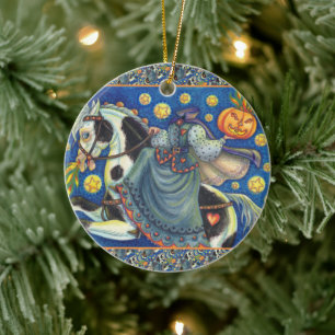 HEADLESS HORSEWOMAN, SIDESADDLE ON HALLOWEEN PINTO CERAMIC TREE DECORATION