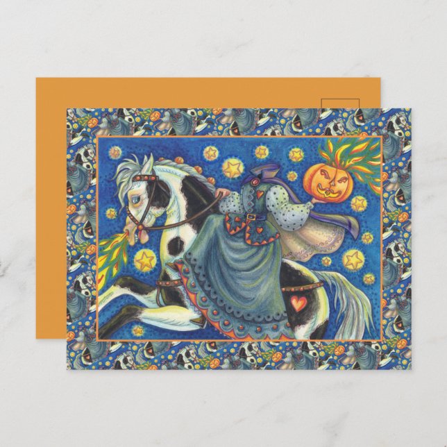 HEADLESS HORSEWOMAN, SIDESADDLE ON HALLOWEEN PINTO HOLIDAY POSTCARD (Front/Back)