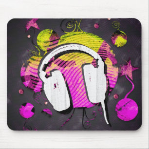 Headphone design in pink and yellow background mouse mat