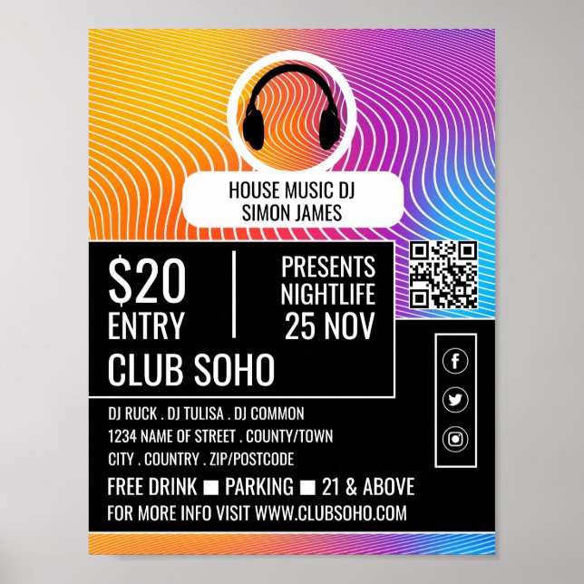 Headphone Music Wave Logo, Professional DJ Advert Poster (Front)