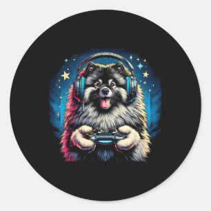 Headphone Video Game Keeshond Dog Gaming  Classic Round Sticker