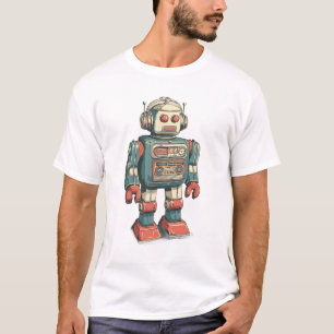 Headphoned Tin Robot — Vintage Cassette-Chest Mech T-Shirt