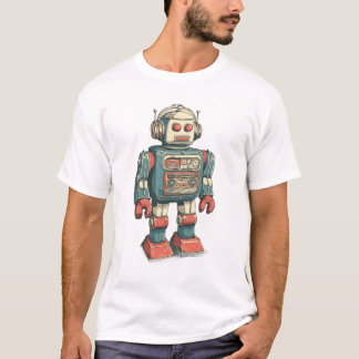 Headphoned Tin Robot — Vintage Cassette-Chest Mech T-Shirt